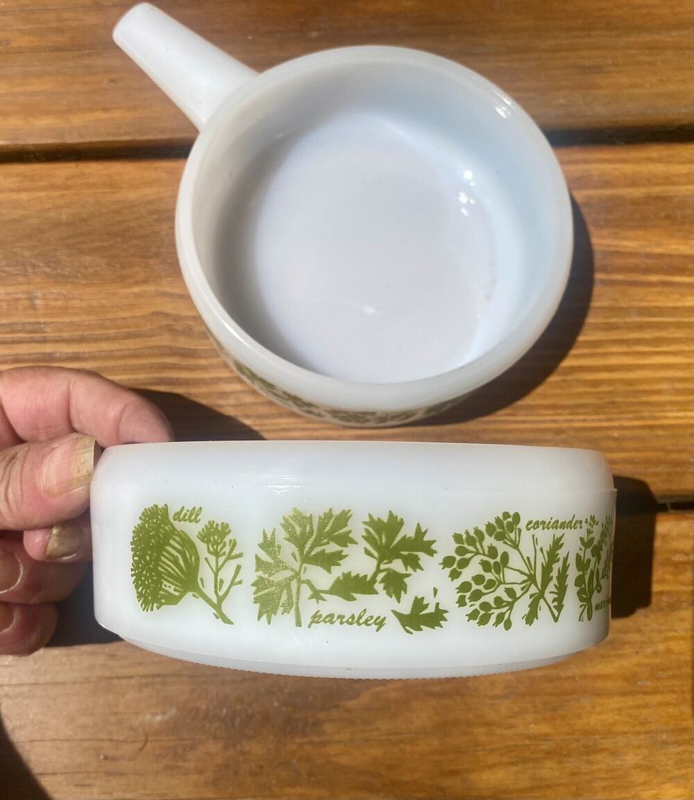 Vintage Glasbake McKee Green Herbs Handled Soup Bowls J-2639 Ovenware Milk Glass